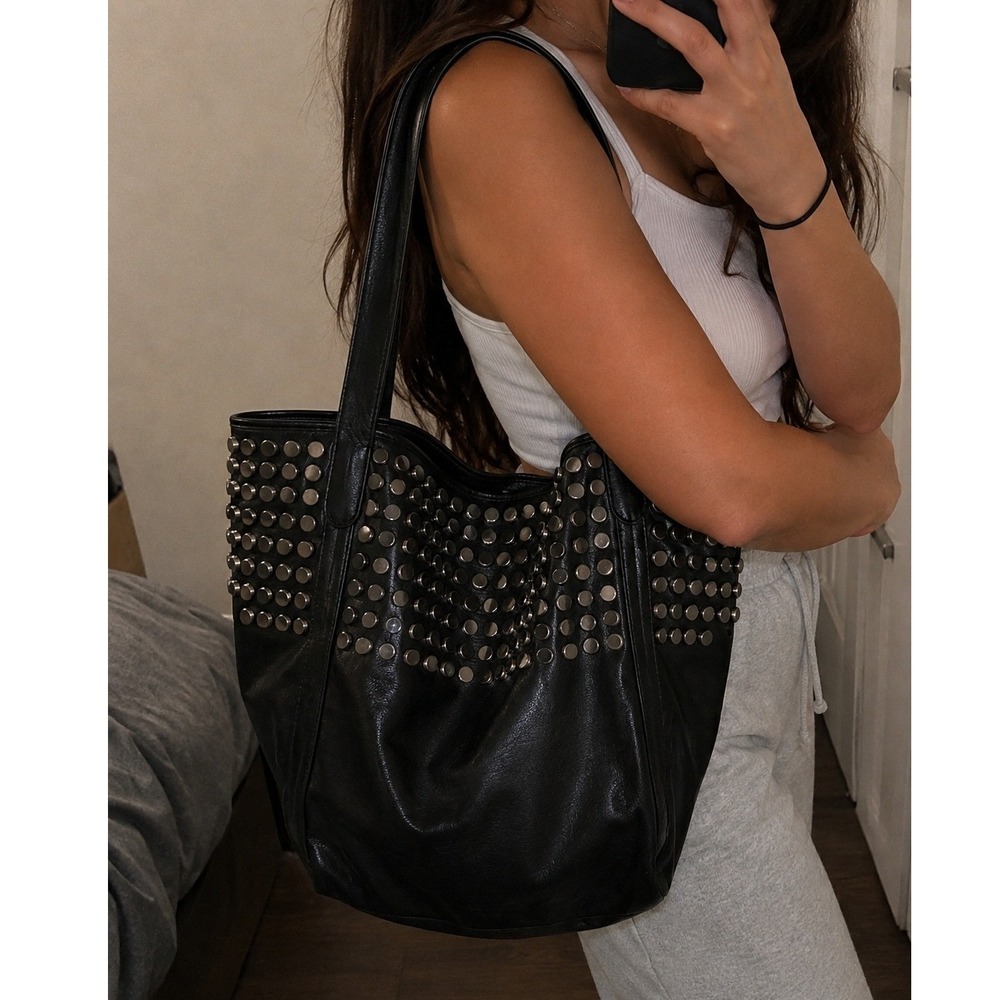 Womens Black Faux Leather Studded Tote Bag Large Shoulder Bag
